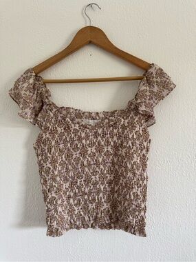 Lush Cream Smocked Floral Crop Top with Lavender Accents